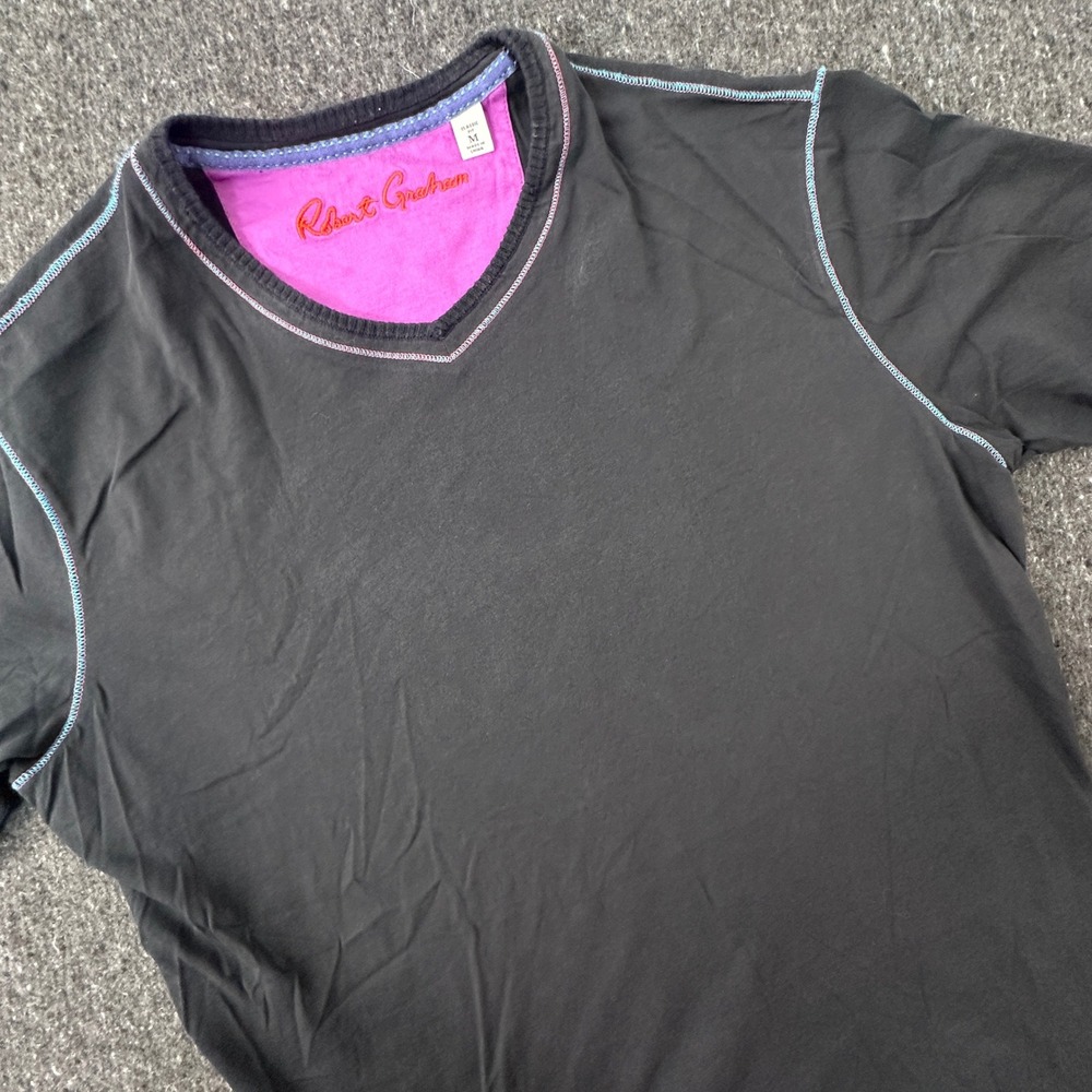 Robert Graham T-Shirt Men M Black V-Neck Contrast Stitch Supima Cotton Tee